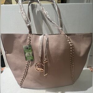 BADGLEY MISCHKA Decorative Chain Tote Vegan Leather Taupe NEW w/TAGS.